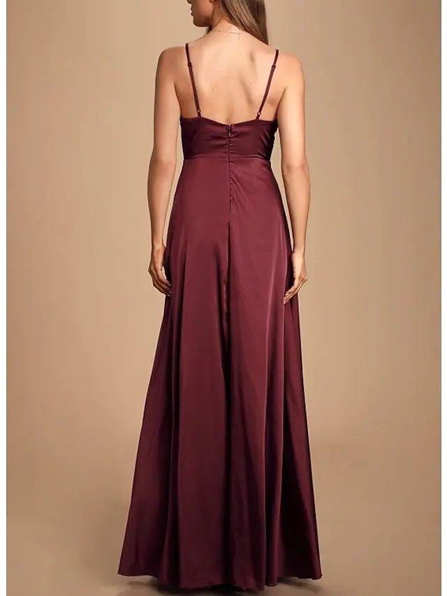 A-Line Elegant Wedding Guest Prom Formal Evening Dress Spaghetti Strap Sleeveless Floor Length Satin with Pleats Split - RongMoon