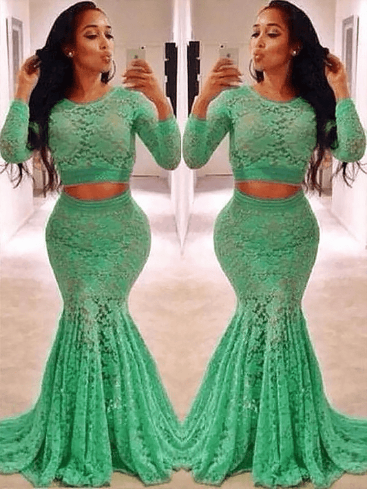 Trumpet/Mermaid Scoop Long Sleeves Lace Ruffles Sweep/Brush Train Two Piece Dresses - RongMoon