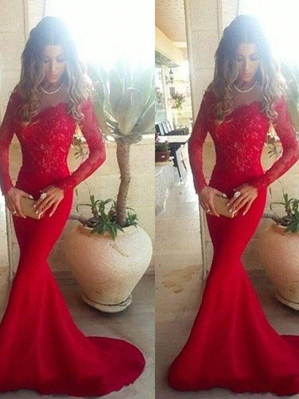 Trumpet/Mermaid Off-the-Shoulder Long Sleeves Lace Sweep/Brush Train Elastic Woven Satin Dresses - RongMoon