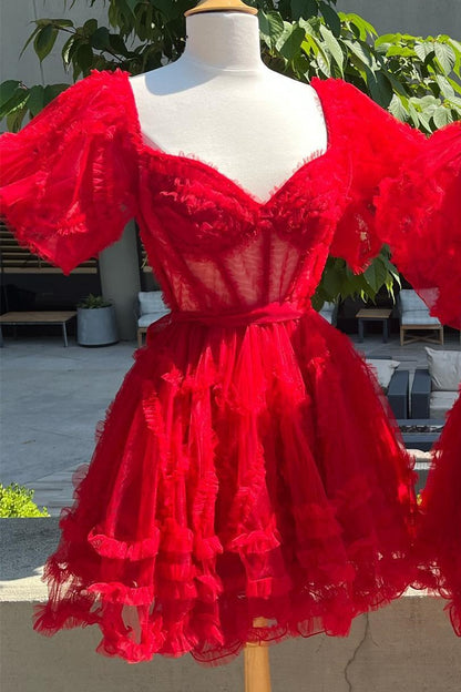 Red Sweetheart A-Line Short Party Dress with Puff Sleeves