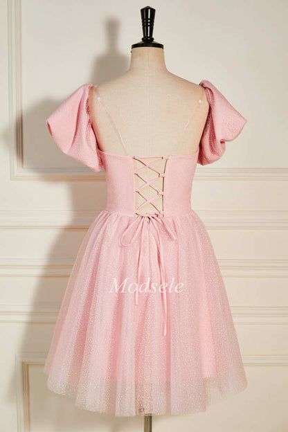 Pink Strapless A-Line Short Party Dress with Puff Sleeves