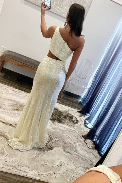 White Sequin One-Shoulder Cutout Long Prom Dress with Floral Appliques