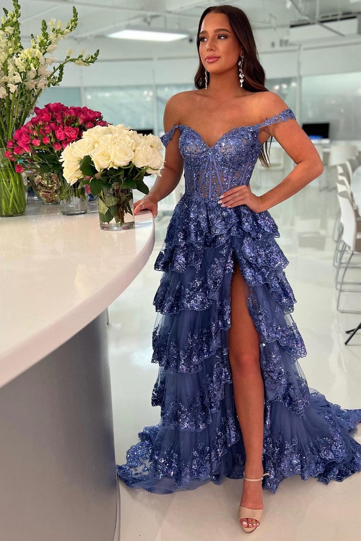 Sequins Sweetheart A-Line Tiered Long Prom Dress with Slit