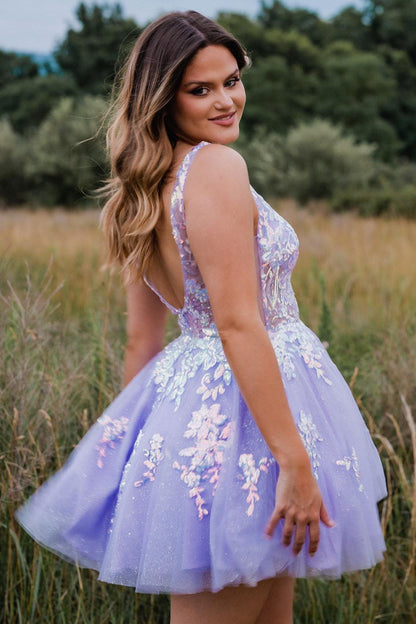 Green Sequin Lace Plunge V Backless A-Line Short Gown