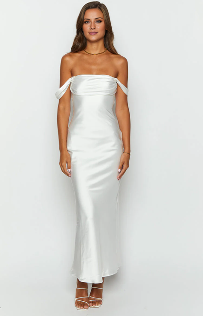 Jimiss off shoulder minimalist sleeveless backless satin long Prom dress