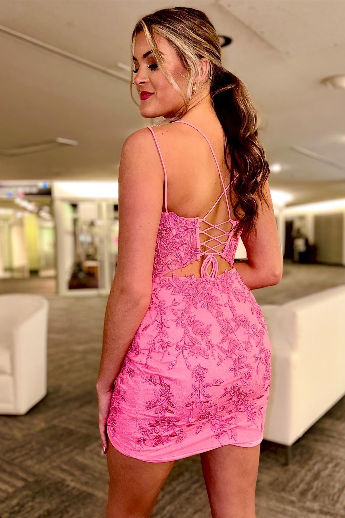 Hot Pink Appliques Plunge V Lace-Up Short Dress