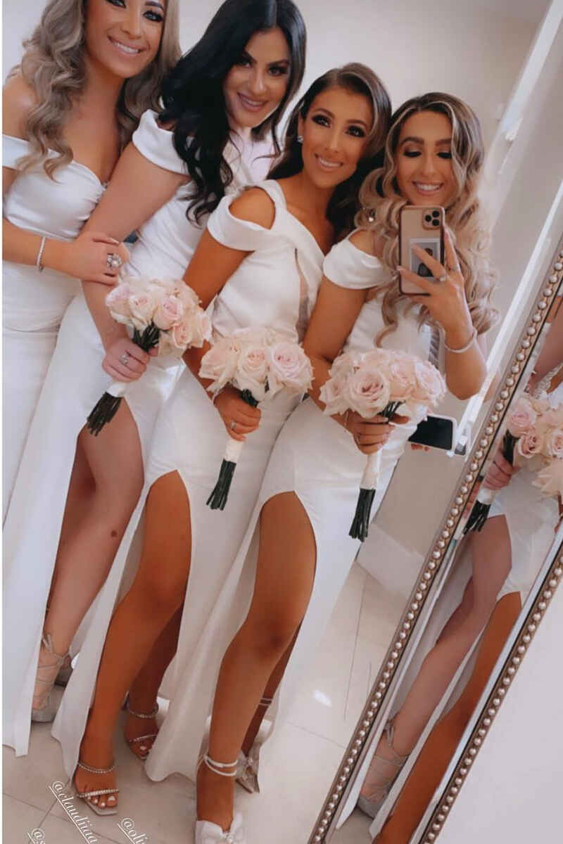 White One-Shoulder Cutout Long Bridesmaid Dress with Slit