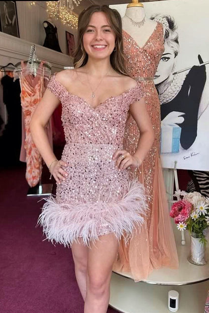 Pink Sequin Off-the-Shoulder Feather-Trimmed Short Party Dress