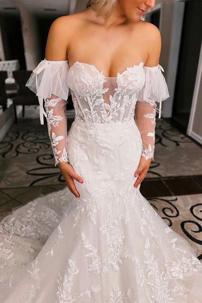 Aimishang Elegant White Floral Lace Sweetheart Mermaid Wedding Dress with Detachable Sleeves