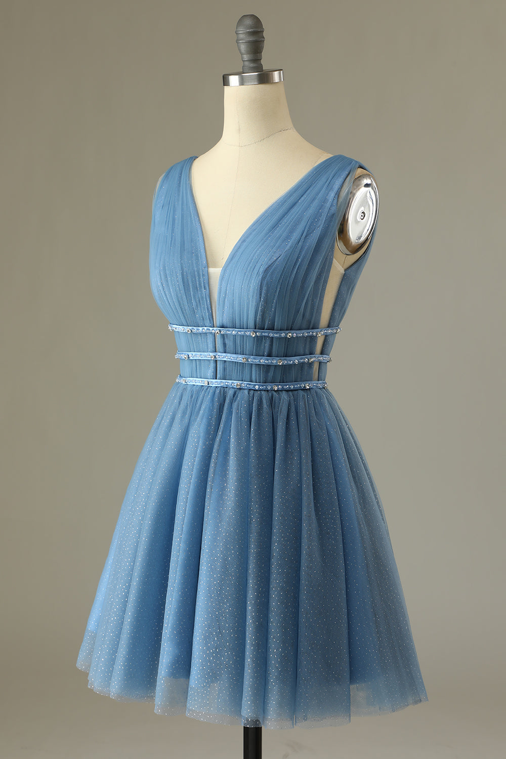 Smoky Blue Tulle Deep V Backless A-Line Short Party Dress