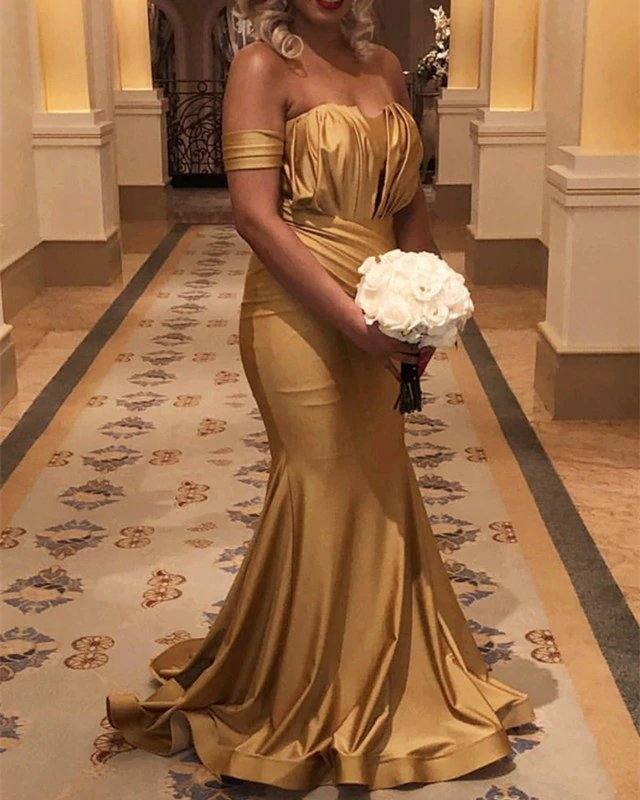 Long Gold Satin Off Shoulder Mermaid Bridesmaid Dresses - RongMoon