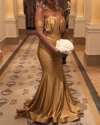 Long Gold Satin Off Shoulder Mermaid Bridesmaid Dresses - RongMoon