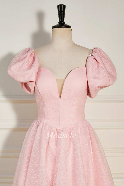 Pink Strapless A-Line Short Party Dress with Puff Sleeves