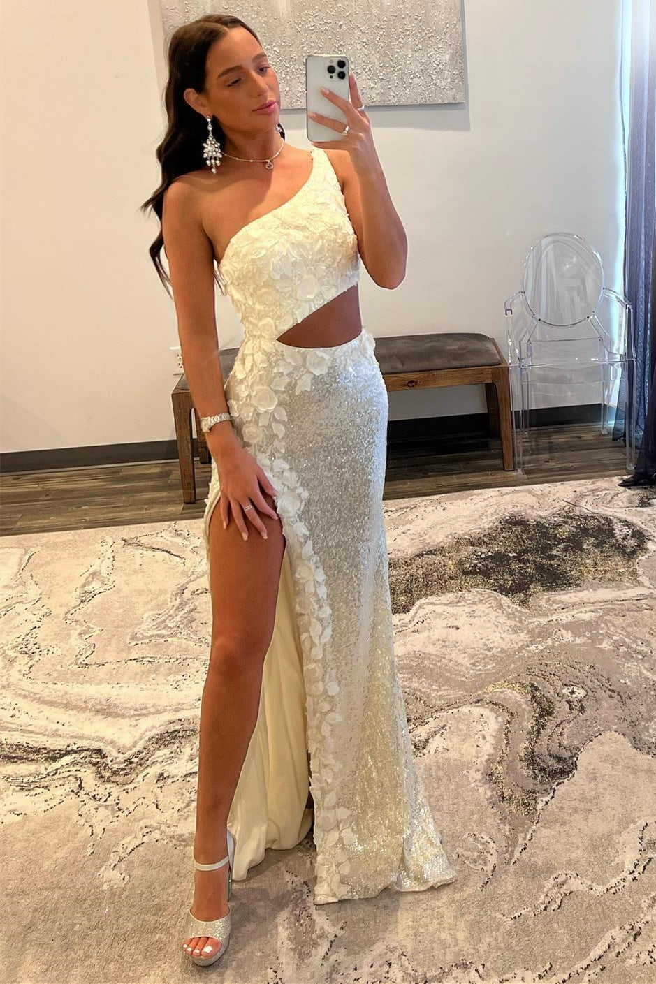 White Sequin One-Shoulder Cutout Long Prom Dress with Floral Appliques