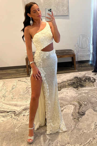 White Sequin One-Shoulder Cutout Long Prom Dress with Floral Appliques