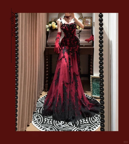 Burgundy Mysterious Red Rose Gorgeous Exquisite Lace Tulle Long Floor-Length Trailing Ball Gown Evening Gown gh4253