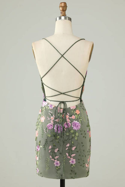Spaghetti Straps Bodycon Homecoming Dress with Floral Print