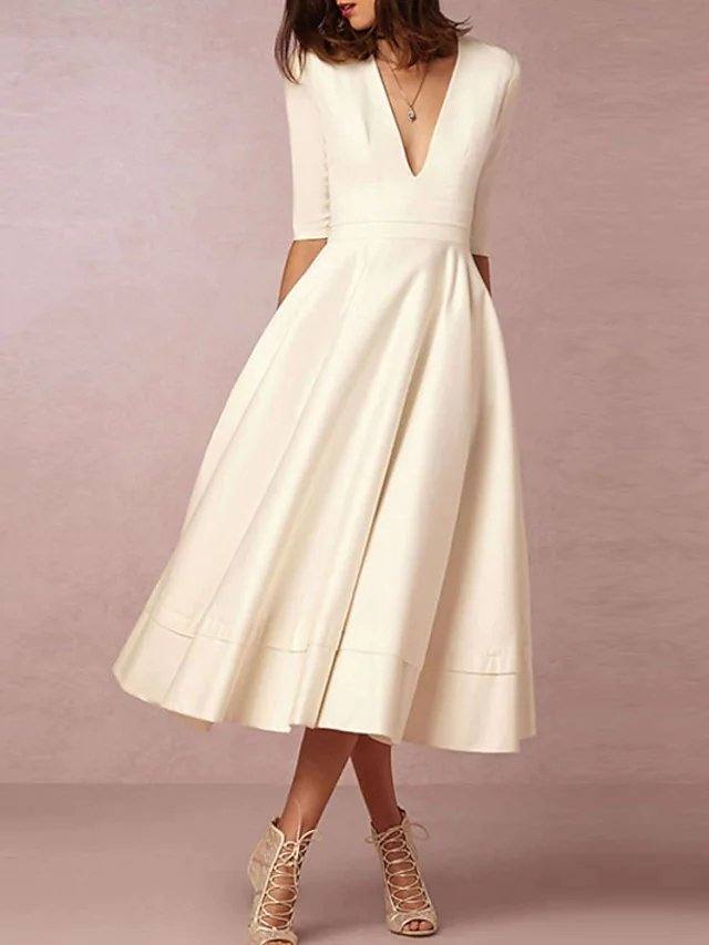 A-Line Wedding Dresses V Neck Tea Length Satin Half Sleeve Simple Casual Vintage Little White Dress 1950s - RongMoon