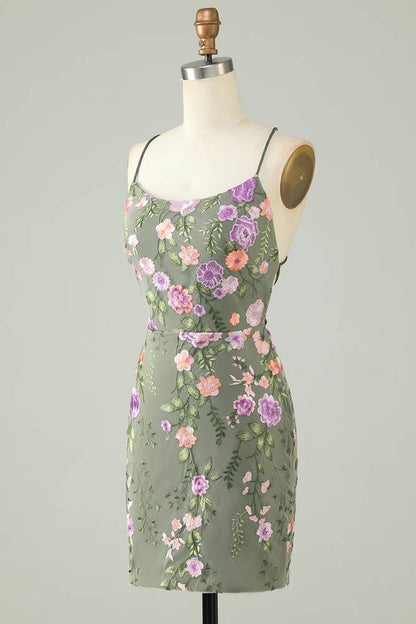 Spaghetti Straps Bodycon Homecoming Dress with Floral Print