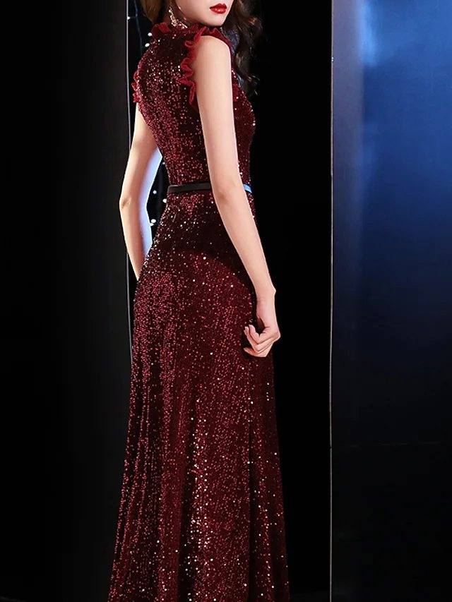 A-Line Sparkle Elegant Prom Formal Evening Dress Jewel Neck Sleeveless Floor Length Sequined with Sash / Ribbon Sequin - RongMoon