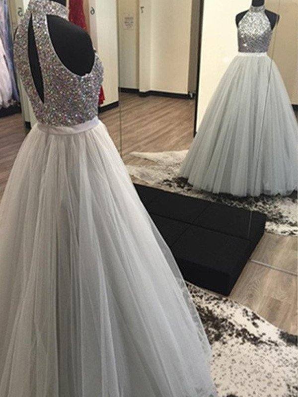A-Line/Princess Halter Sleeveless Floor-Length Beading Tulle Dresses - RongMoon