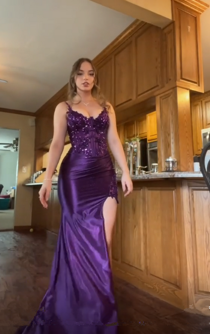Gorgeous Purple Mermaid Lace Appliques Evening Dress Slit Long Prom Party Dress cc1897