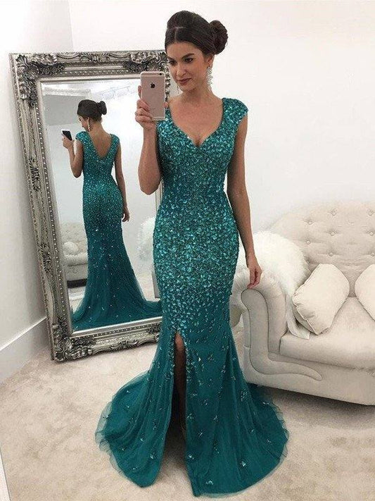 A-Line/Princess V-Neck Sleeveless Sweep/Brush Train Sequin Tulle Dresses - RongMoon