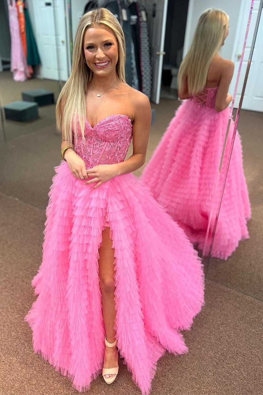 Yellow Appliques Sweetheart Ruffle Tiered A-Line Prom Dress