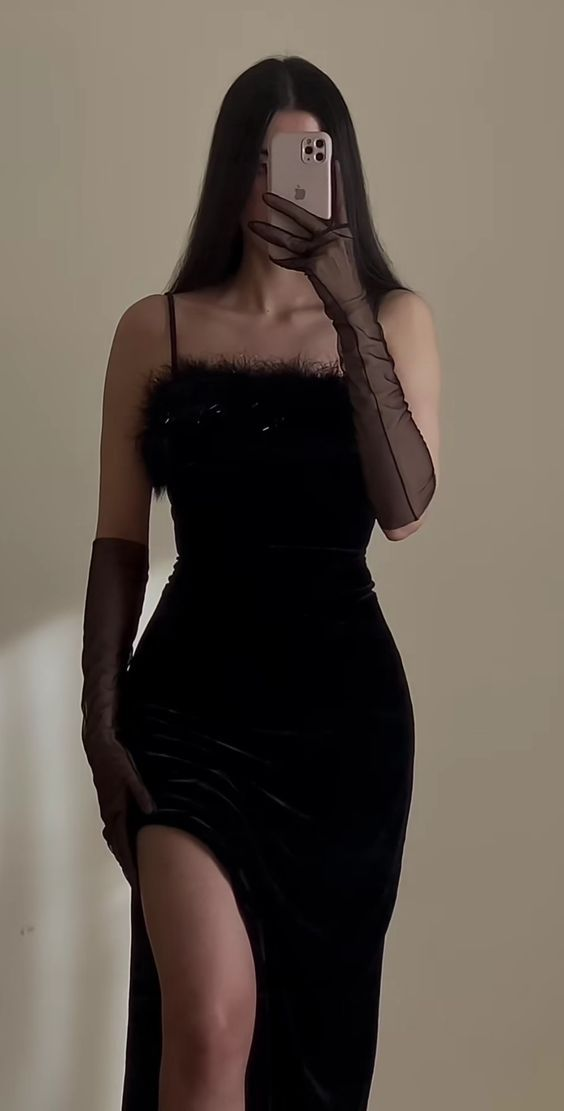 Fashion Velvet Strapless Feathers Black Evening Dress Slit Party Dress With Gloves cc1666
