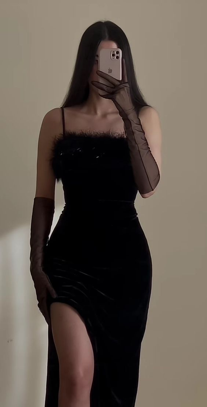 Fashion Velvet Strapless Feathers Black Evening Dress Slit Party Dress With Gloves cc1666