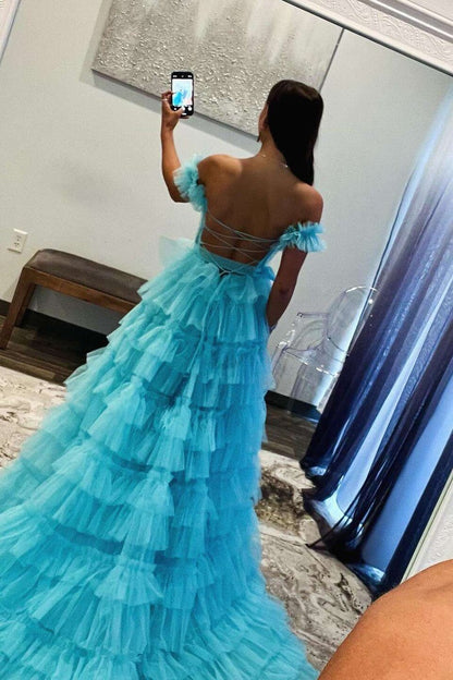 Ball Gown Orange Tulle Strapless Tiered Prom Dresses