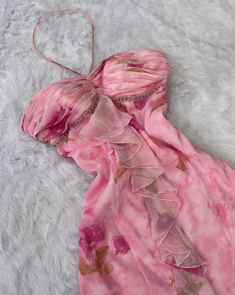 Vintage Pink Floral Prom Dress Sheath Ruffled Evening Dress Halter-neck Formal Dress HZ1024