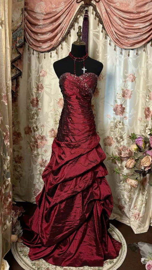 Red tube top shiny retro elegant long layered satin ball gown evening dress gh3101