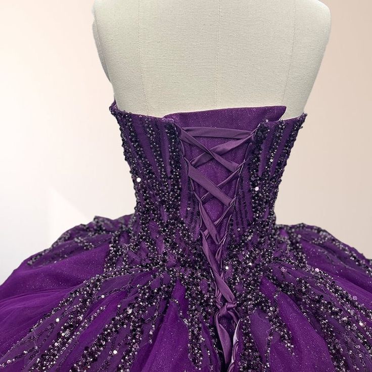 girlhomeshops-Purple shimmering, delicately beaded long tulle ball gown/wedding dress gh6186