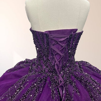 girlhomeshops-Purple shimmering, delicately beaded long tulle ball gown/wedding dress gh6186