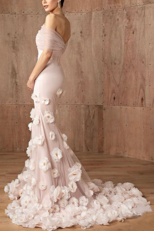 girlhomeshops-Pink Elegant Floral Long Tulle Mermaid Bodycon Ball Gown Wedding Dress gh5952