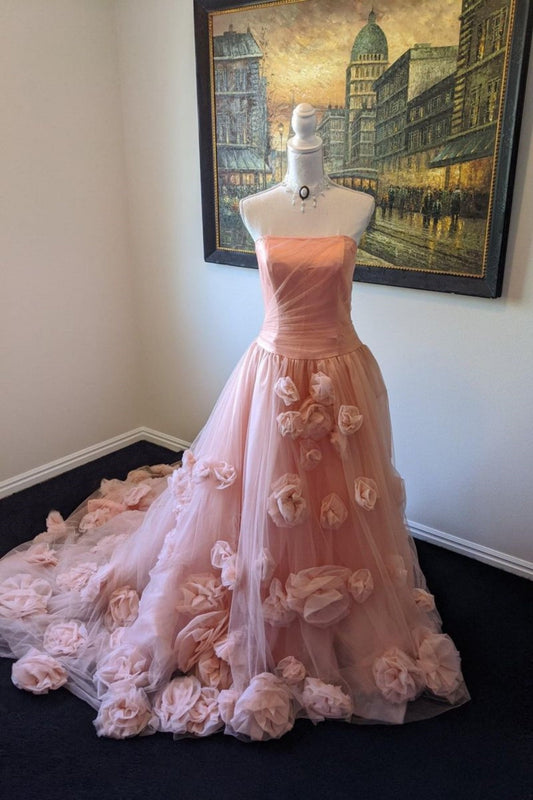 girlhomeshops-Pink Elegant Floral Long Tulle Ball Gown Wedding Dress gh5951