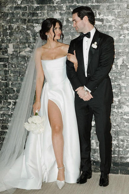 Aimishang Elegant A-Line Strapless Satin Charming Wedding Dresses with Slit