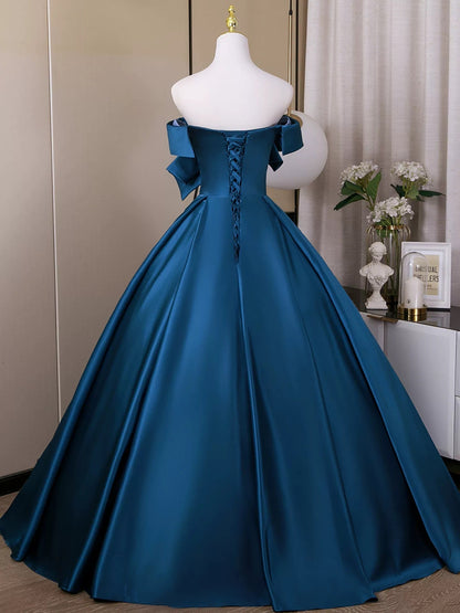 A-Line Off Shoulder Blue Long Prom Dress, Blue Long Formal Dress