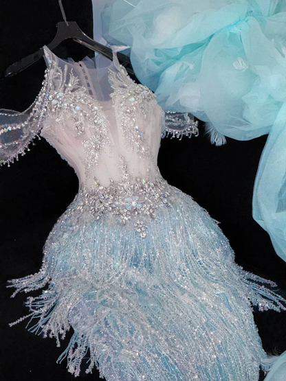 Shiny Light Blue Beaded Sequined Design Mermaid Prom Dress Evening Dress HZ1024