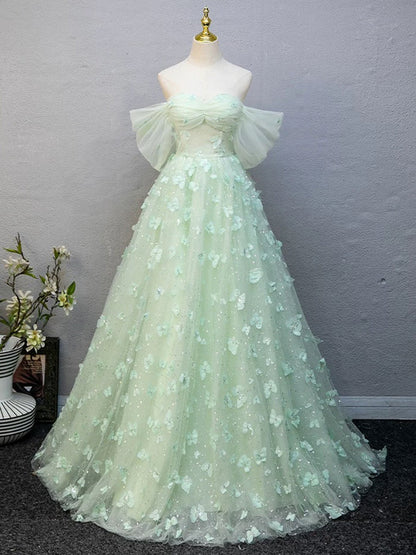 A-Line Off Shoulder Tulle Lace Green Long Prom Dress, Green Long Formal Dress