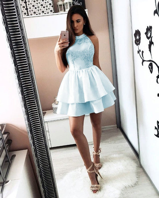 A Line Halter Satin Homecoming Dresses Lace Applique