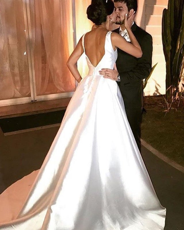 A Line Scoop Neck Bow Sashes Satin Wedding Dresses