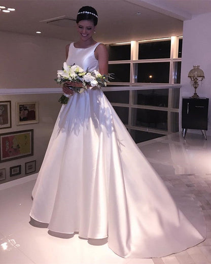 A Line Scoop Neck Bow Sashes Satin Wedding Dresses