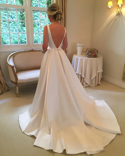 A Line Scoop Neck Long Satin Backless Wedding Dresses For Bride
