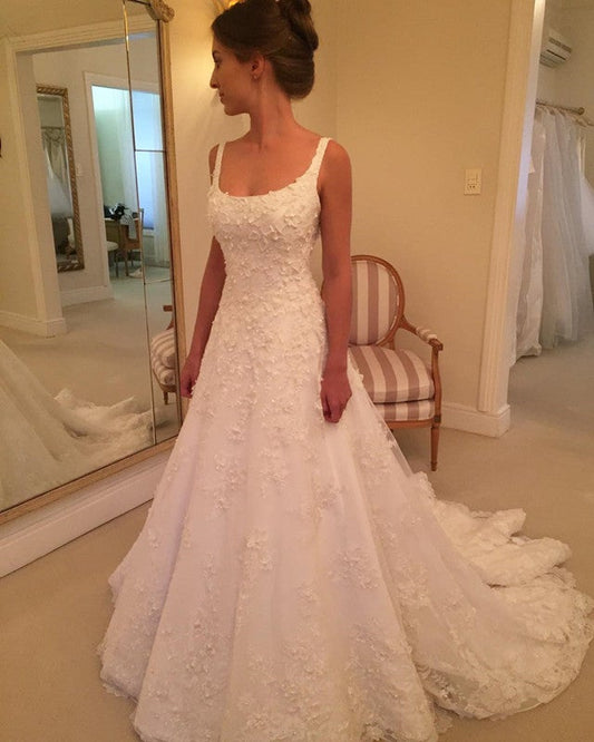 A Line Square Neck Lace Embroidery Wedding Gowns