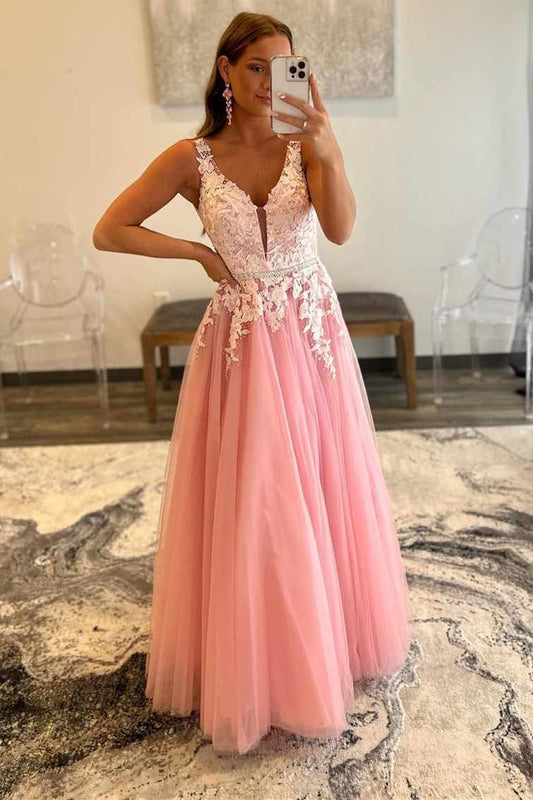 Aimishang Long Evening Dresses A Line Tulle V Neck Straps Lace Appliques Prom Dresses