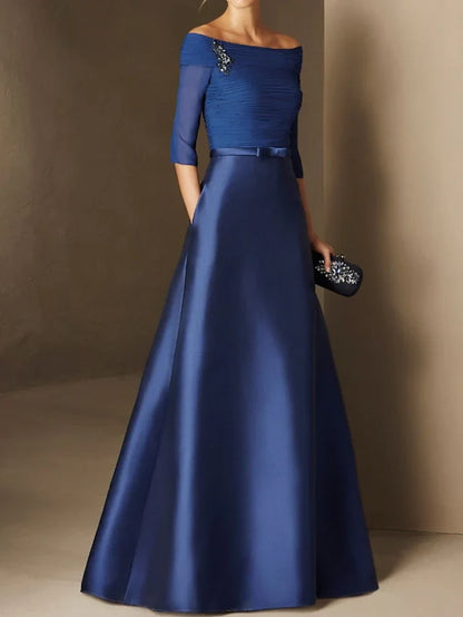A-line/Princess Off Shoulder Short Sleeve Waistband Applique Mother of the bride dress
