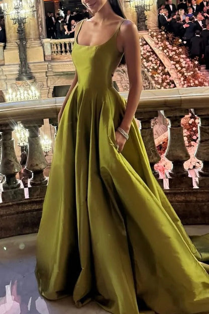 Yellowish Green A-Line Spaghetti Straps Satin Long Prom Dress with Train
