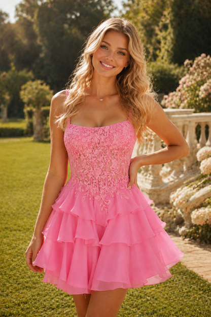 A-Line Straps Scoop Neck Appliques Ruffles Short Homecoming Dress